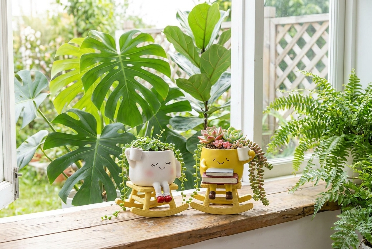 White and yellow rocking planters on windowsill
