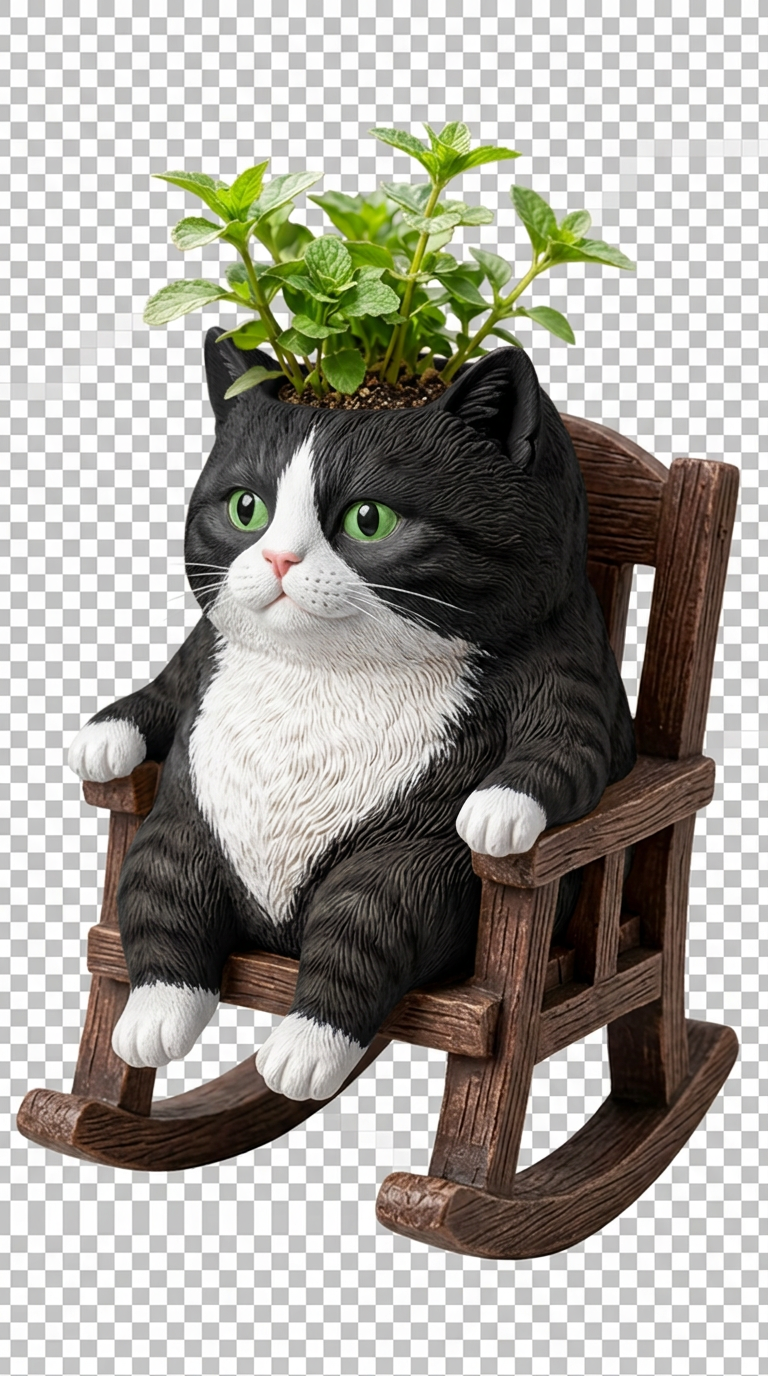 Tuxedo cat rocking planter