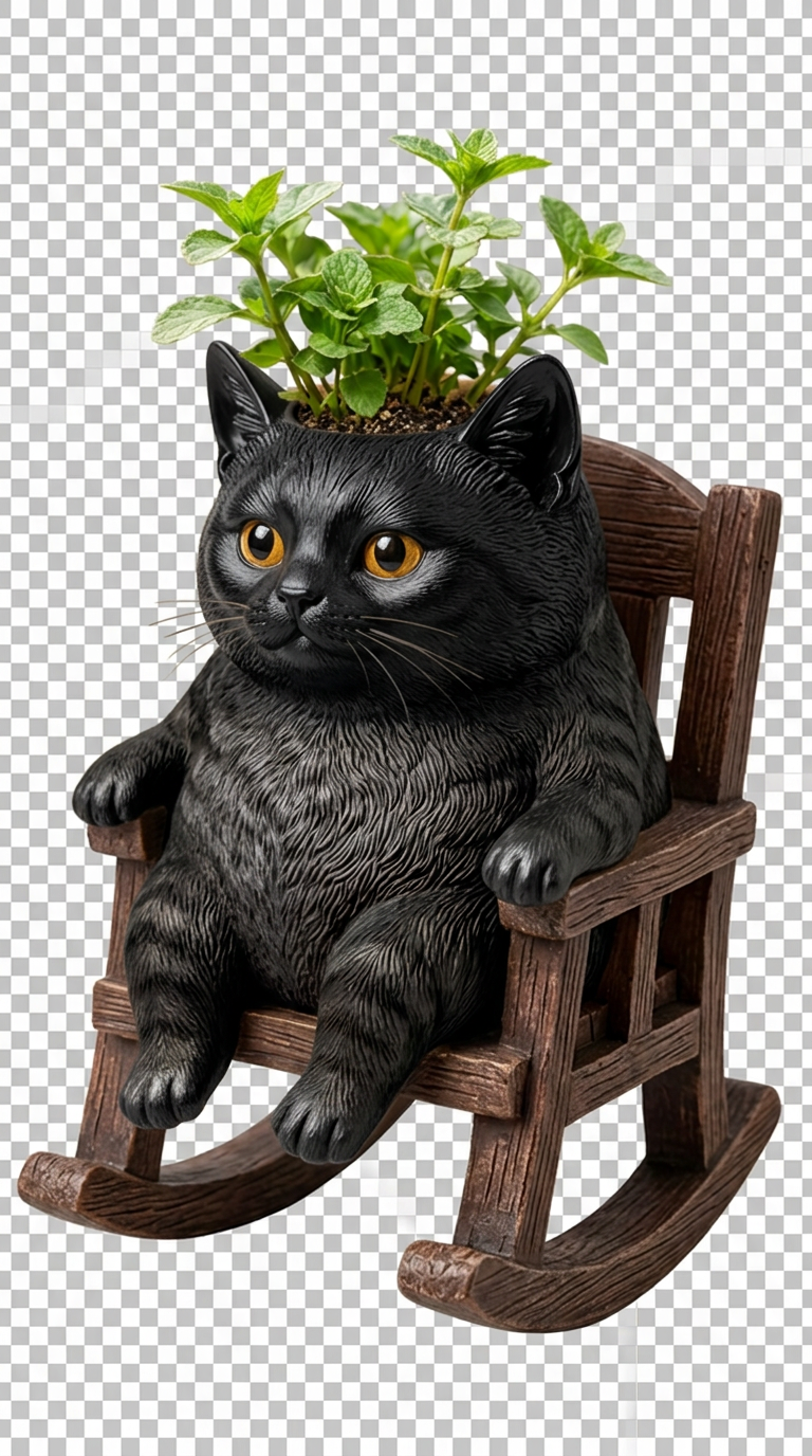 Black British Shorthair cat rocking planter