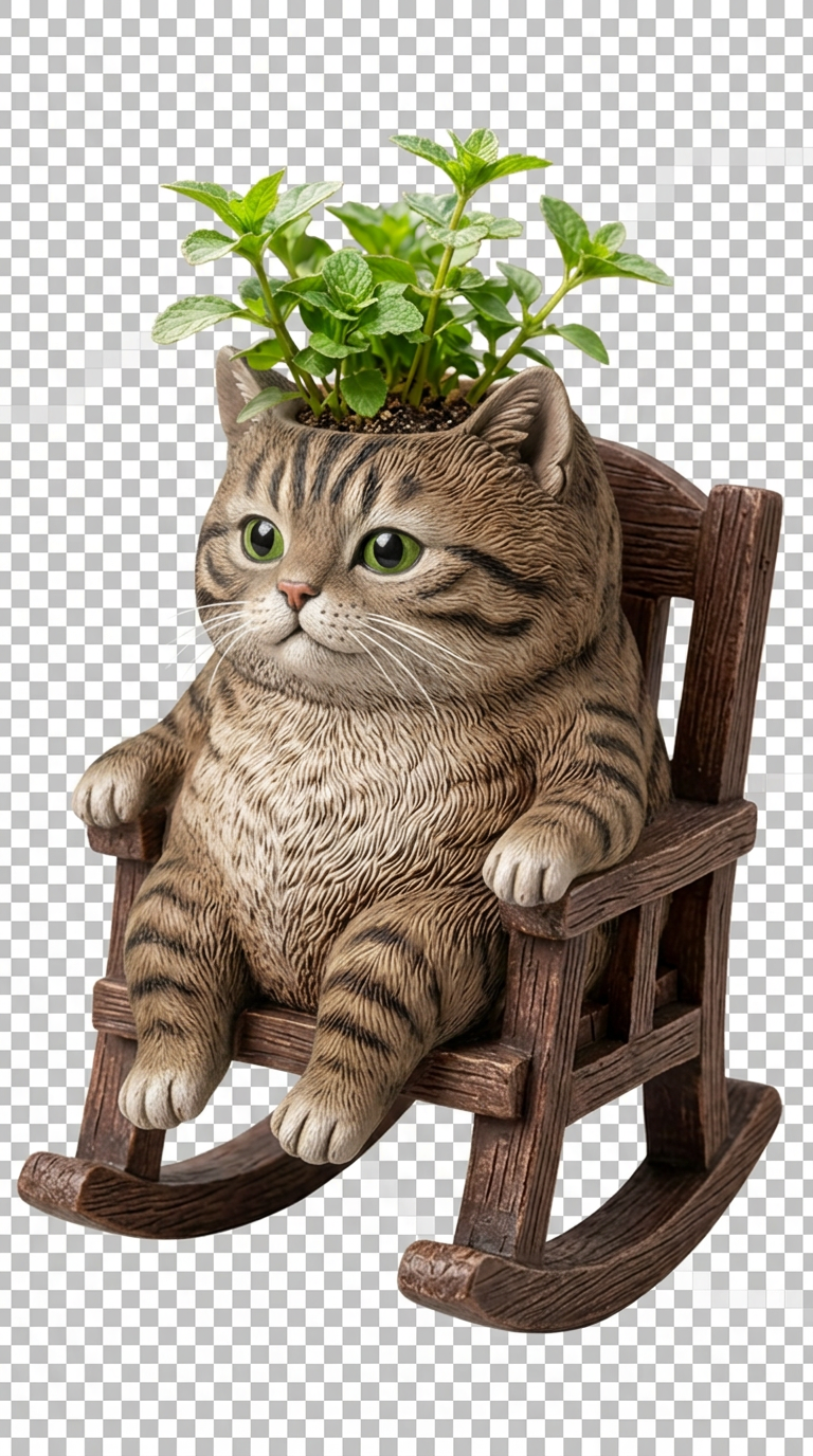 Brown Tabby cat rocking planter