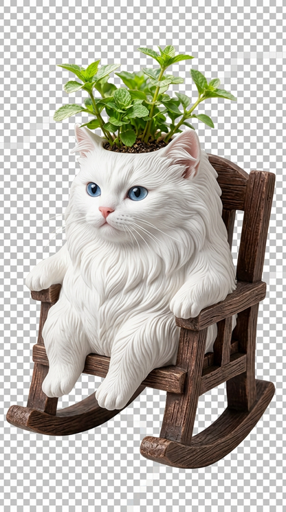White Persian cat rocking planter