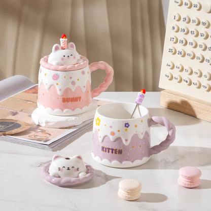 Melting Cake Mug shown with candle spoon and animal lid