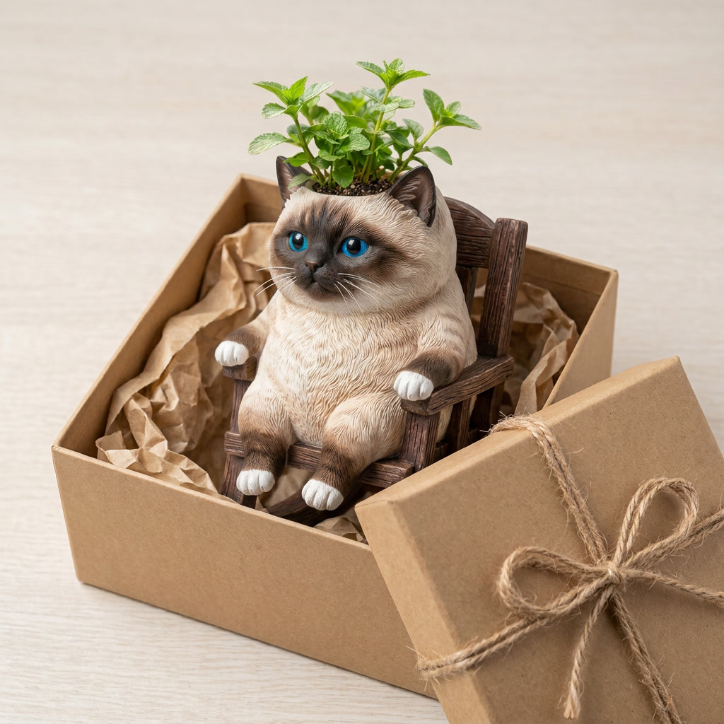 Cat rocking planter in a gift box