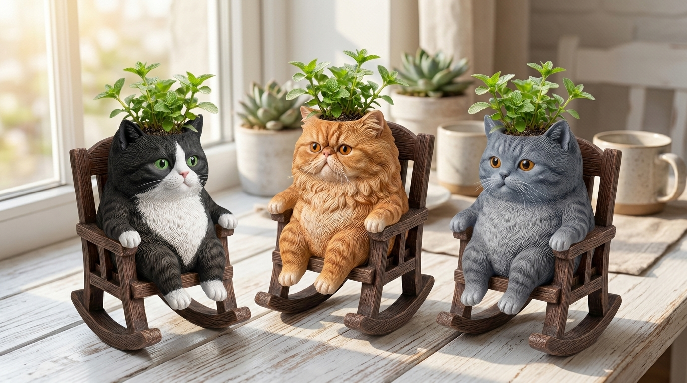 Group of cat rocking planters on a sunny table