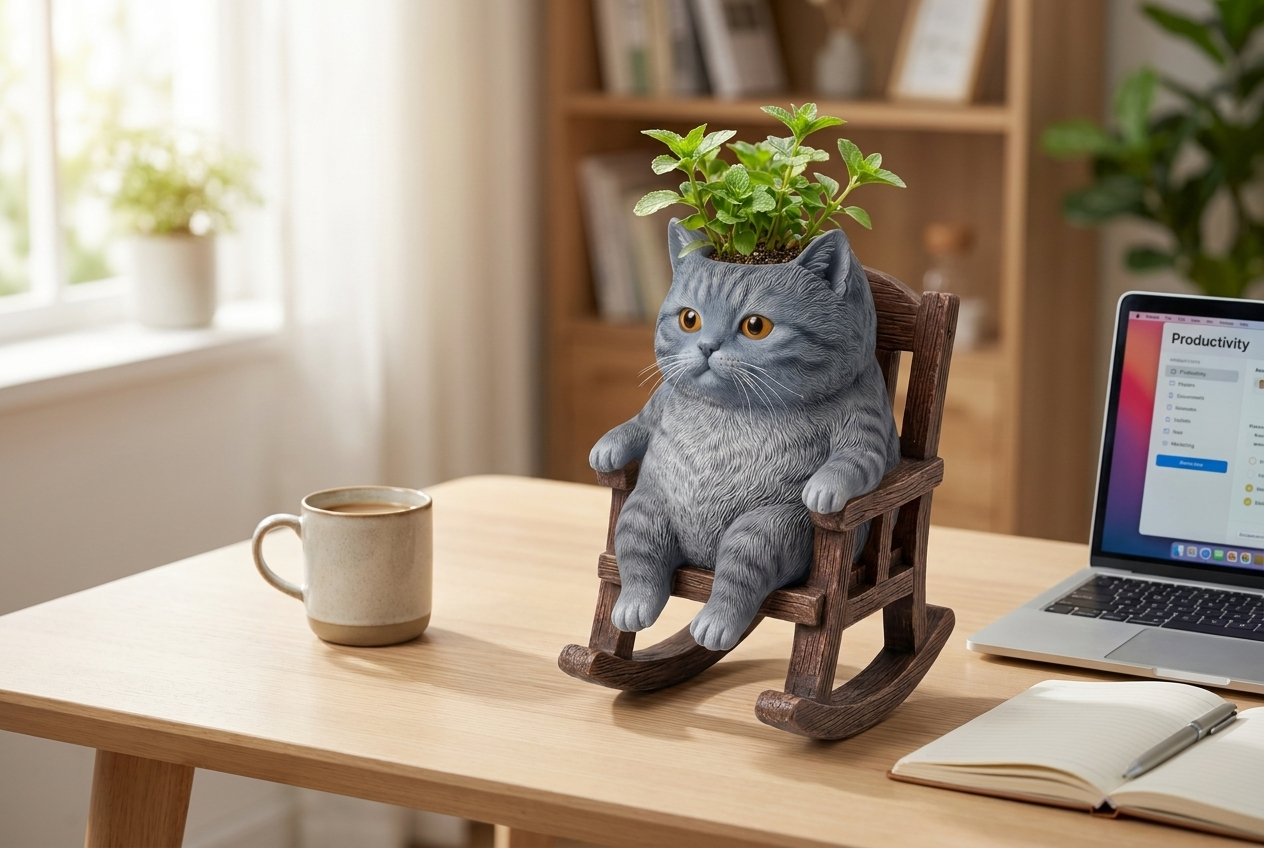Cat rocking planter on a home office desk