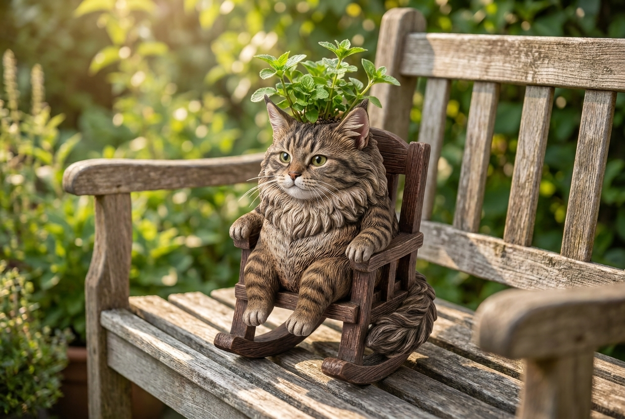 Cat rocking planter on a garden bench