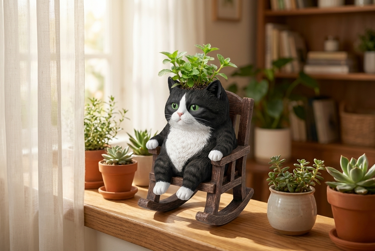 Tuxedo cat rocking planter on a sunny windowsill