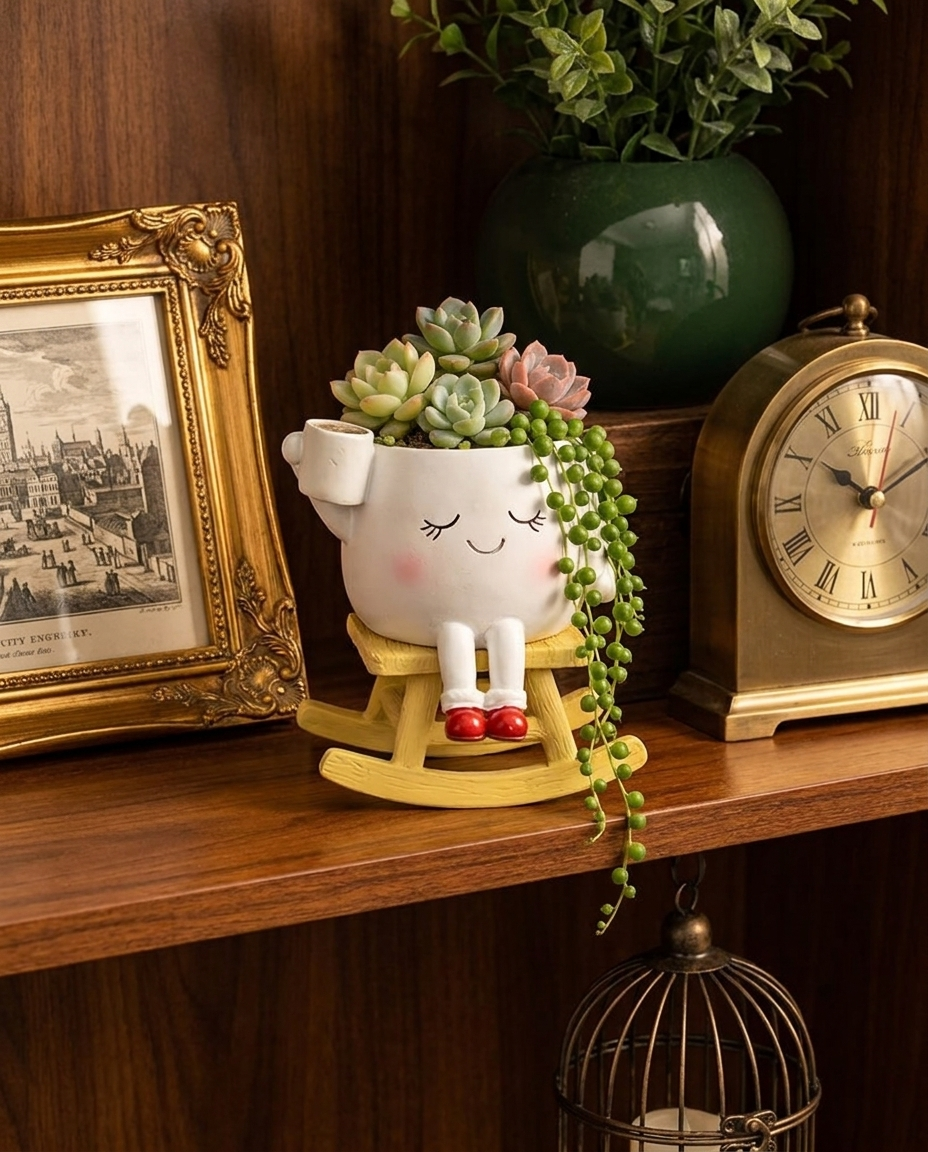Happy Rocking Planter — White on vintage wooden shelf