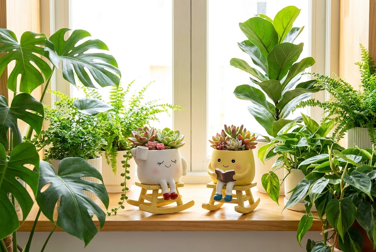 Happy Rocking Planter — both variants on sunny windowsill